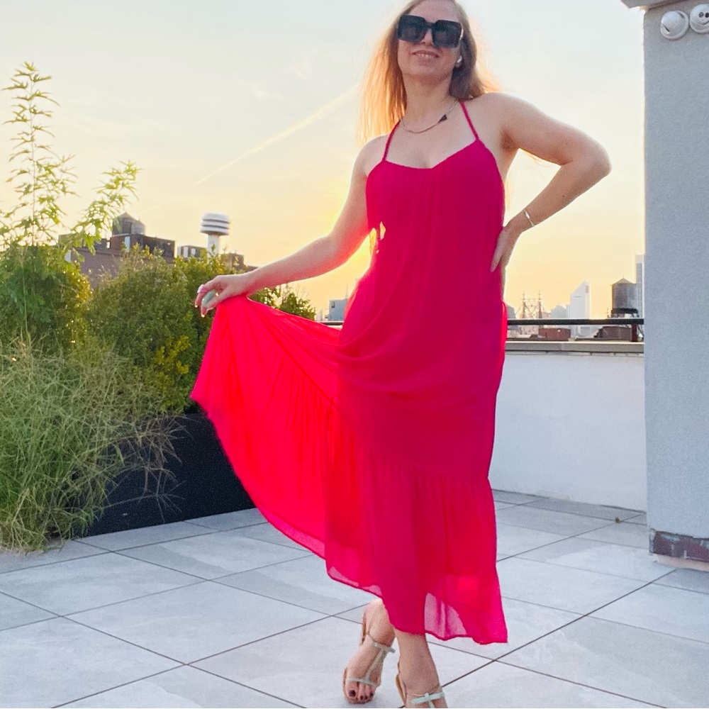 ZARA RIBBED DRESS VOLUMINOUS DRESS WITH BRAIDED STRAPS Fuchsia